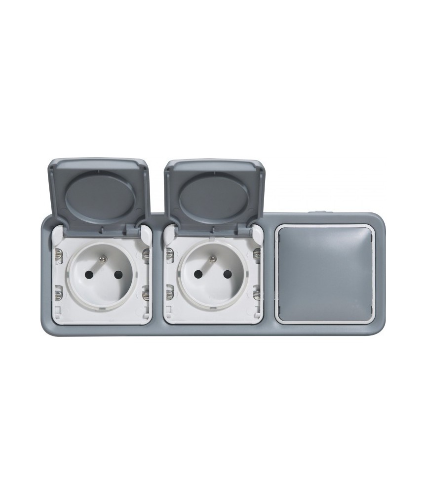 Double prise de courant + obturateur Plexo complet apparent - Gris - LEGRAND