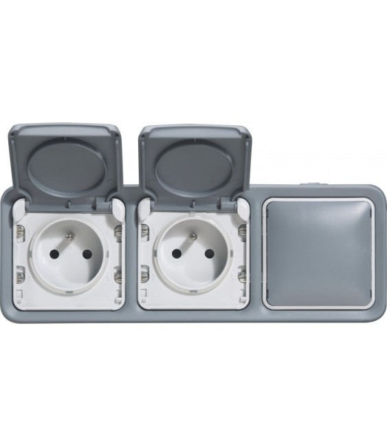 Double prise de courant + obturateur Plexo complet apparent - Gris - LEGRAND