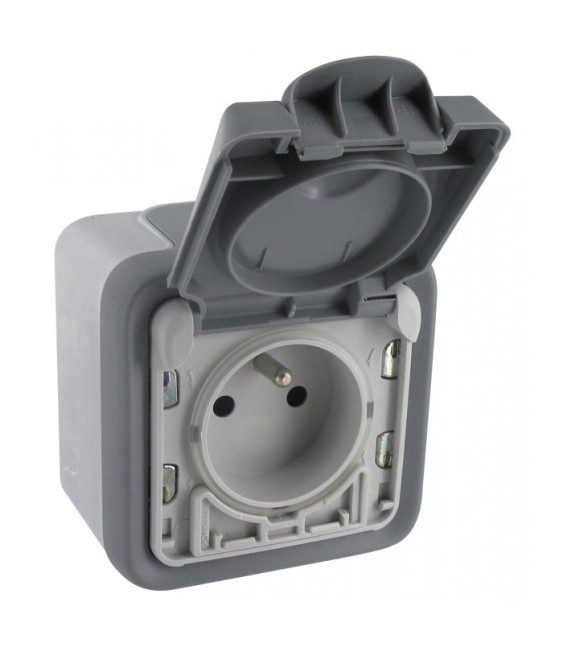 Prise de courant avec terre + volet IP 55 à ouverture auto Plexo apparent - Gris - LEGRAND