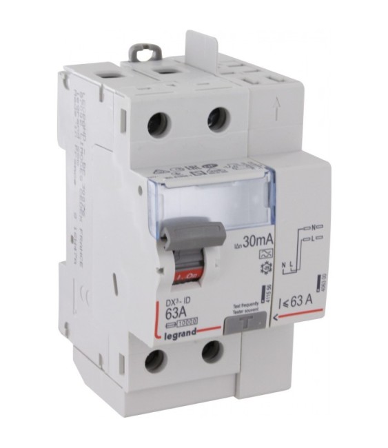 Interrupteur différentiel bipolaire - Type A 30 mA arrivée haut/départ haut 63 A - LEGRAND