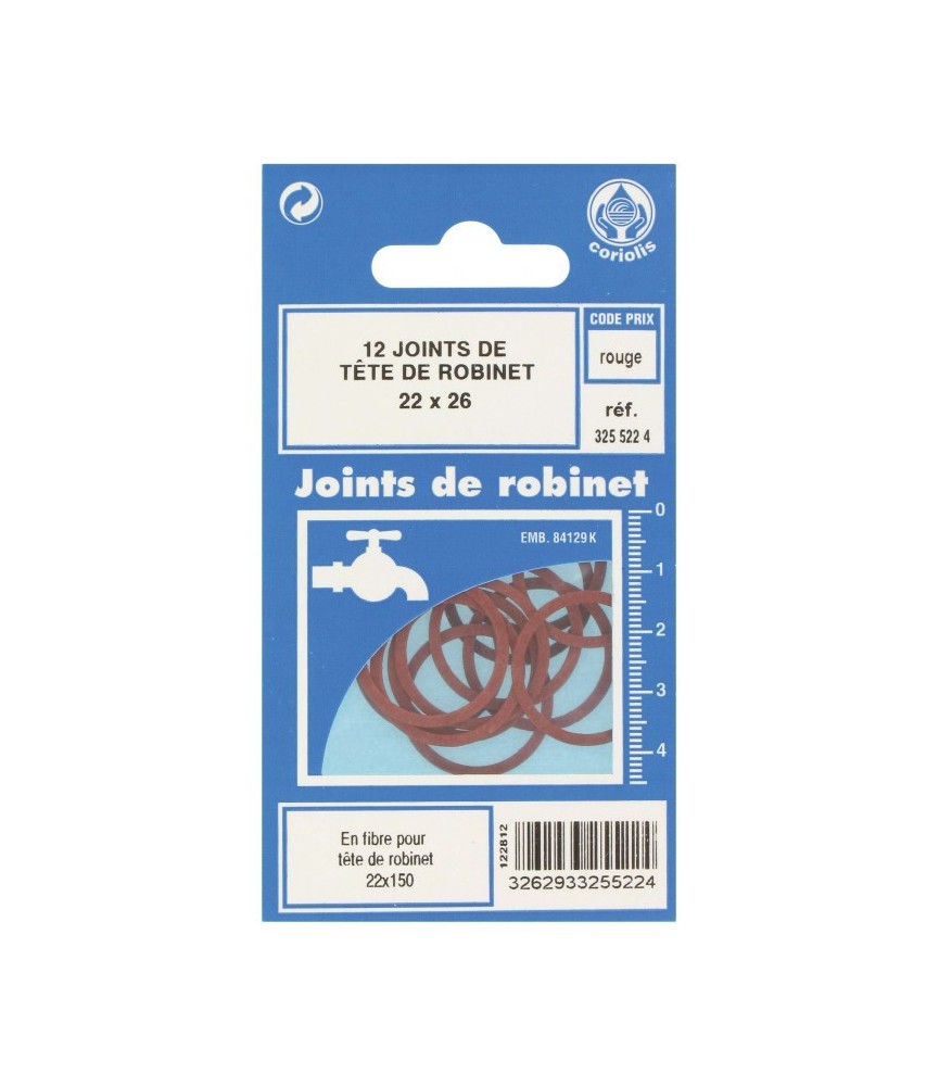 Joint en fibre pour tête de robinet - 22 x 26 mm - Lot de 12 - GRIPP