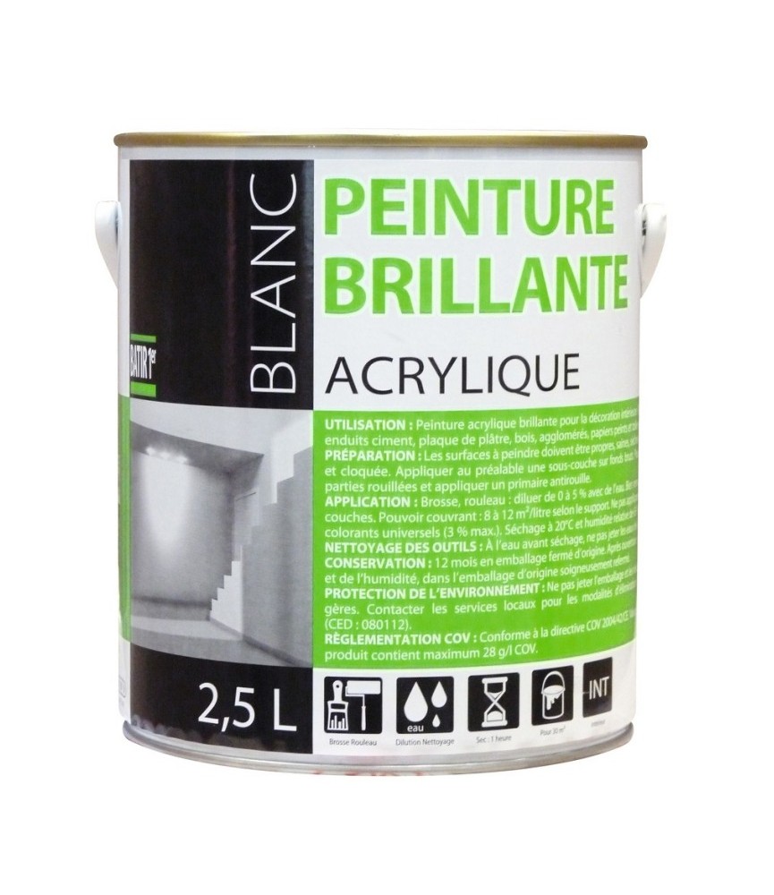 Peinture acrylique - Aspect brillant - Blanc - 2.5 L - BATIR Peinture acrylique - Aspect brillant - Blanc - 2.5 L - BATIR
