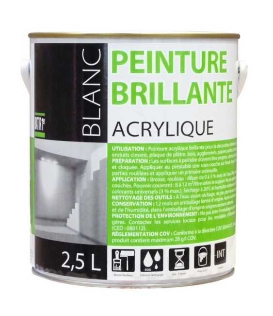 Peinture acrylique - Aspect brillant - Blanc - 2.5 L - BATIR