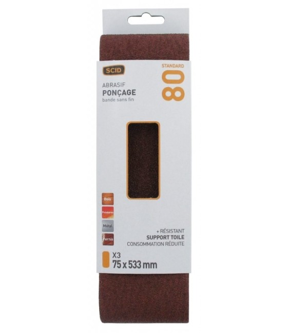 Bande pour ponçeuse - Grain 80- 75 x 533 mm - Lot de 3 pièces - SCID