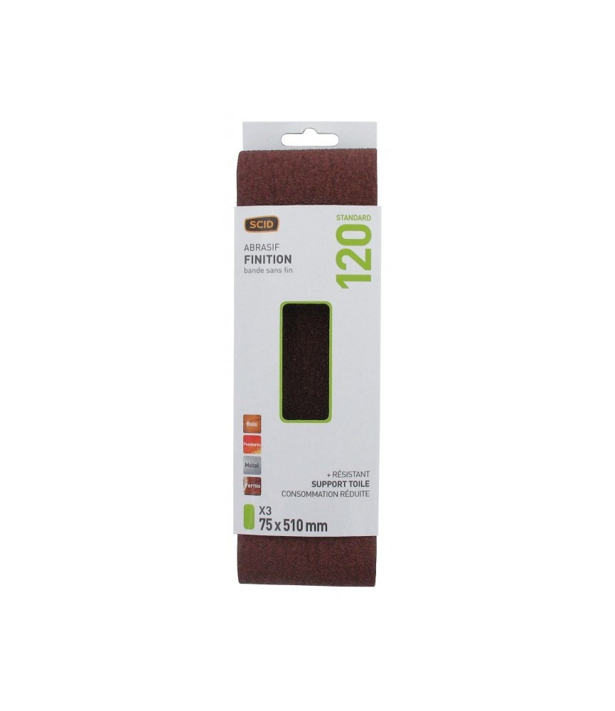 Bande pour ponçeuse - Grain 120 - 75 x 510 mm Lot de 3 pièces - SCID Bande pour ponçeuse - Grain 120 - 75 x 510 mm Lot de 3 pièces - SCID