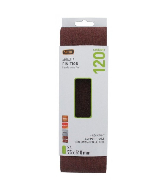 Bande pour ponçeuse - Grain 120 - 75 x 510 mm Lot de 3 pièces - SCID