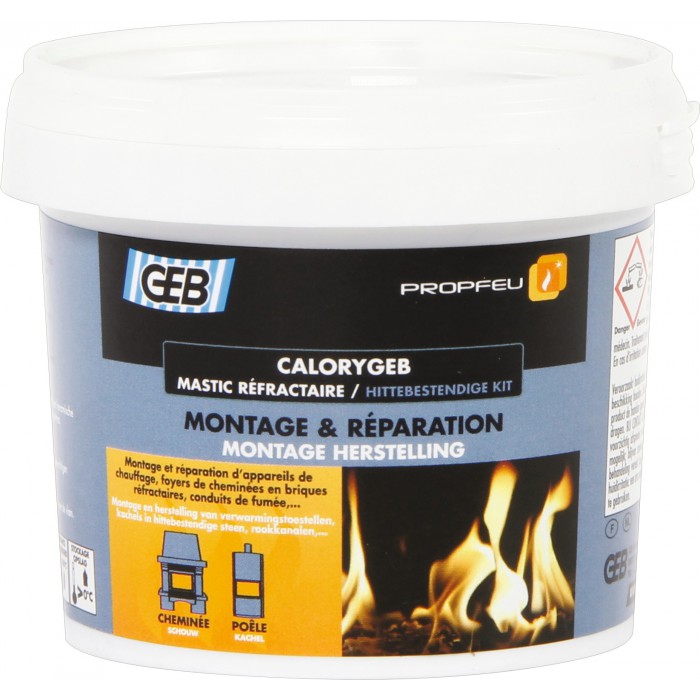 CALORYGEB POT 600G. MASTIC REFRACTAIRE NOIR POUR LE MONTAGE ET L'ASSEMBLAGE  DES CHEMINEES, POELES, FOURS