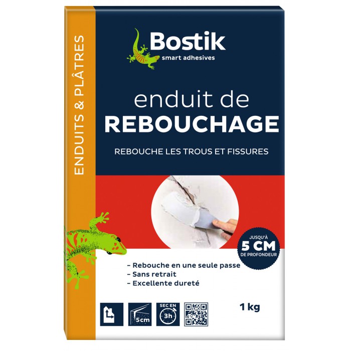Bostik Enduit de Rebouchage Prêt à l'Emploi - Tous Supports - Rebouchage et  Égalisation de Trous et Fissures Jusqu'à 1 cm - Joint Plaque de Plâtre - 1