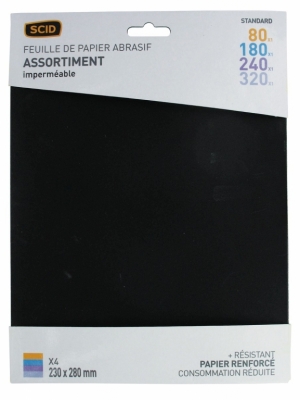 Assortiment de papier abrasif imperméable - 230 x 280 mm - Grain 80, 180, 240, 320 - Lot de 4 - SCID