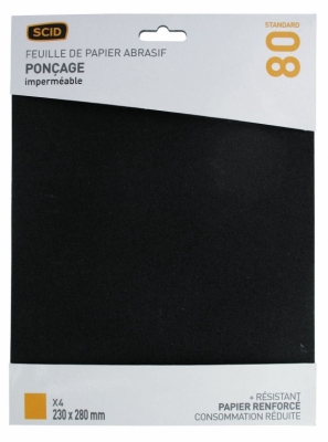 Papier abrasif imperméable - 230 x 280 mm - Grain 80 - Lot de 4 - SCID