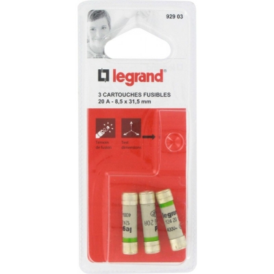 Cartouche domestique cylindrique - 20 A - 8.5 x 31.5 mm - Avec voyant - Lot de 3 - LEGRAND