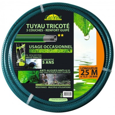 Tuyau tricoté - 3 couches - Renfort guipé - 25 M x 12.5 mm - CAP VERT