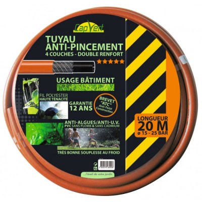 Tuyau anti-pincement - 4 couches - Double renfort - 20 M x 15 mm - CAP VERT