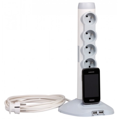 Rallonge multiprise 4x2P+T + socle avec 2 modules de charge USB + 1 fiche micro USB - Blanc et Gris - LEGRAND