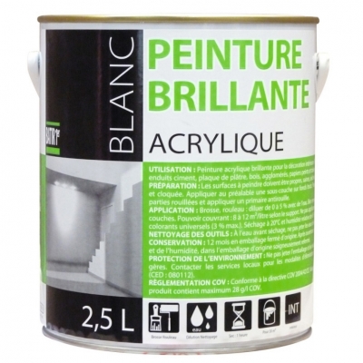 Peinture acrylique - Aspect brillant - Blanc - 2.5 L - BATIR
